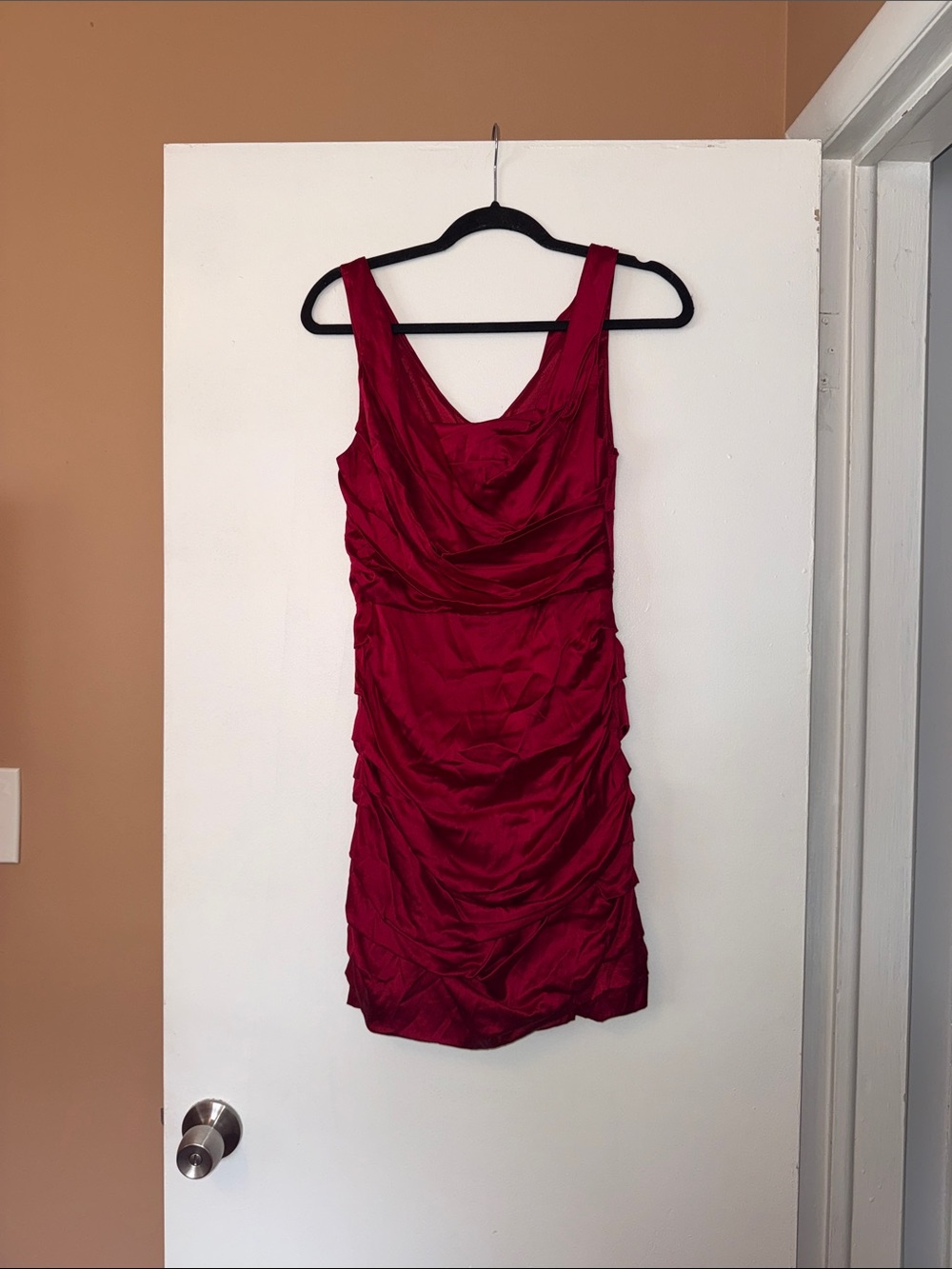 Express Sleeveless Red Satin Ruched Mini Dress